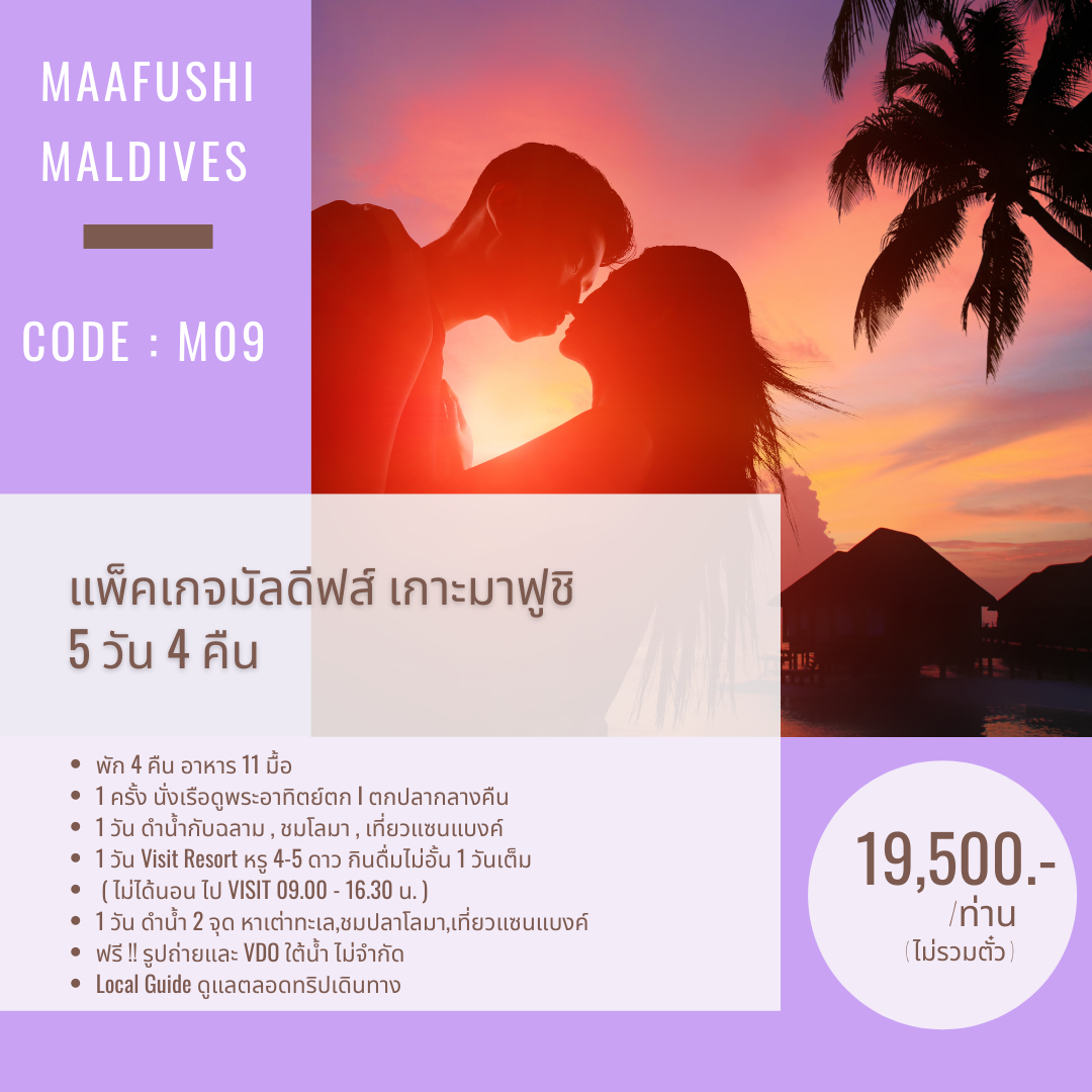 C09 : แพ็คเกจมาฟูชิ 5 วัน 4 คืน  ตกปลา ดำน้ำกับฉลาม ดำน้ำกับเต่า เที่ยวรีสอร์ท water villa